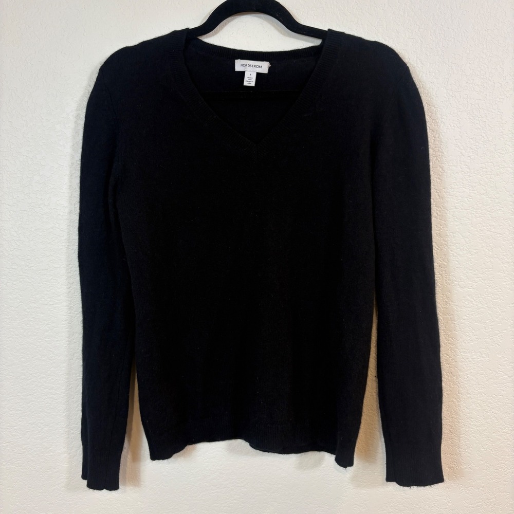 Nordstrom Sweater Women Small Black 100% Cashmere V-Neck Long Sleeve Luxury